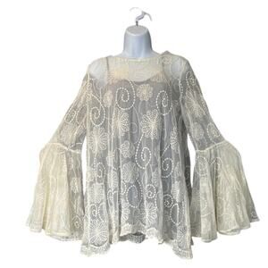Together Womens White L Embroidery Mesh Sheer Bell Sleeves Fairy/Whimsy